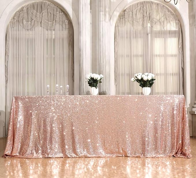 Juya Delight 90" x 132" Rose Gold Rectangular‌ Sequin Tablecloth for Wedding Birthday Party Festival Ceremony Cake Dessert Table