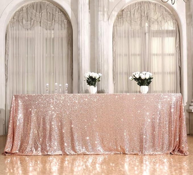 Juya Delight 90" x 132" Rose Gold Rectangular‌ Sequin Tablecloth for Wedding Birthday Party Festival Ceremony Cake Dessert Table