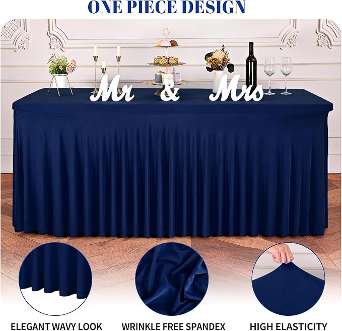 fani 6 Packs Navy Blue Stretch Table Skirts for 6 Foot Rectangle Table, Washable Spandex Stretch Tablecloths with Skirt, Wrinkle Resistant Fitted Tablecover for Wedding Party Banquet