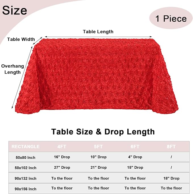 Fanqisi Red Tablecloth Rectangle Party Table Cloths 90x156 Inches Satin Floral Table Cover for Wedding Baby Shower Home Decor