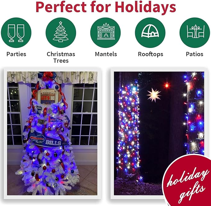LAMPHOME Red White and Blue Patriotic String Lights, 66ft 200LED 4th of July Lights Plug in, 16 Modes with Timer Outdoor String Lights for Independence Day Memorial Day Patriotic Tree Holiday Decor