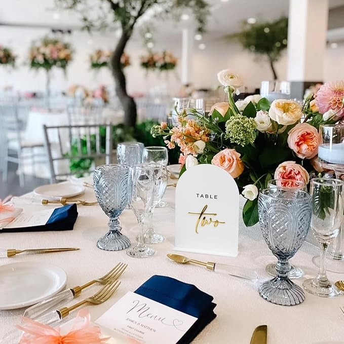 White Arched Wedding Table Numbers 1-20 with Stands, 5x7 Inch White Acrylic Arch Sign with Gold Numbers, Arch Acrylic Table Numbers for Wedding Reception