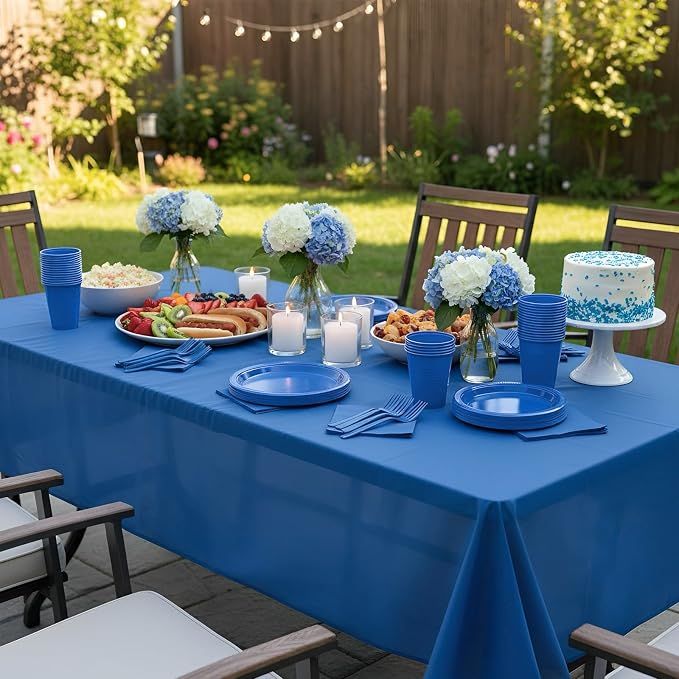 Blue Plastic Plates for Party,30 Guest Disposable Plastic Plate Set 9" Plates,7" Dessert Plates,Napkins,12 oz Cups,Forks & Tablecloth for Birthday,Graduation,Picnic,Father's Day Party