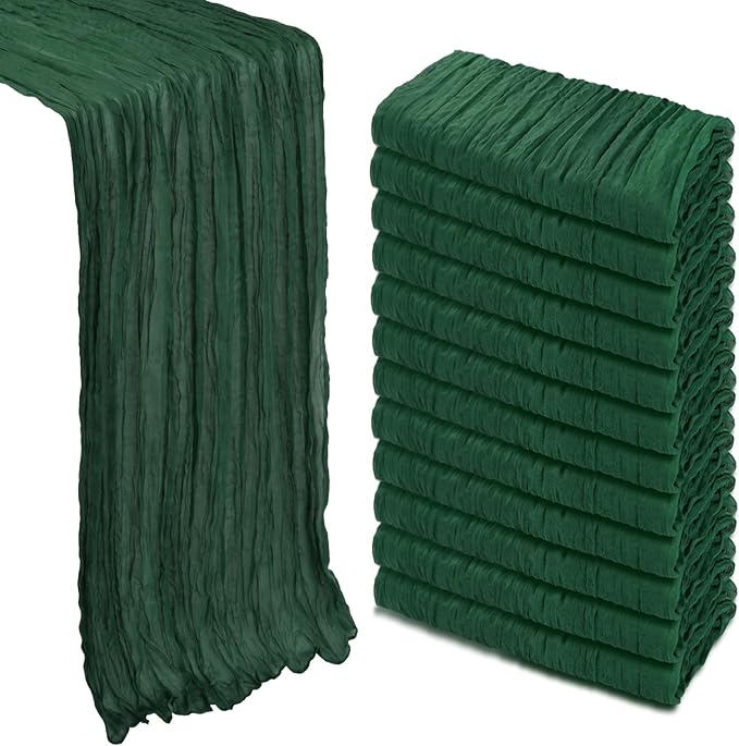 12 Pack Emerald Green Cheesecloth Table Runner 10Ft Gauze Cheese Cloth Table Runner 35x120 Inch Boho Sheer Rustic Fabric for Party Decor Baby Shower Wedding Home Holiday Decorations