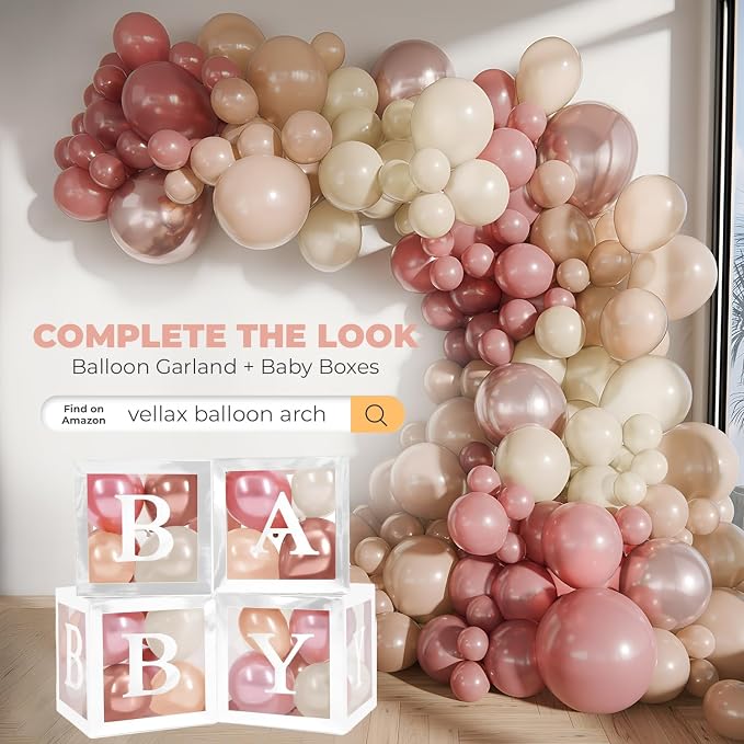 44-Piece Baby Shower Decorations for Boy or Girl - 4 Boxes with Letters and 32 Balloons - Neutral Dusty Pink, Sand and Nude - Gender Reveal Party Supplies - Nursery Decor Prop