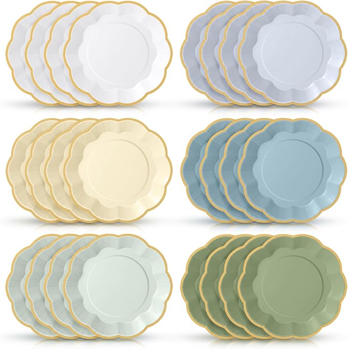 72 Pcs Boy Baby Shower Paper Plates 9 Inch Sage Green Blue Gradient Scalloped Paper Disposable Dinner Dessert Plates for One Silly Goose Birthday Wedding Bridal Party Supplies, 6 Colors