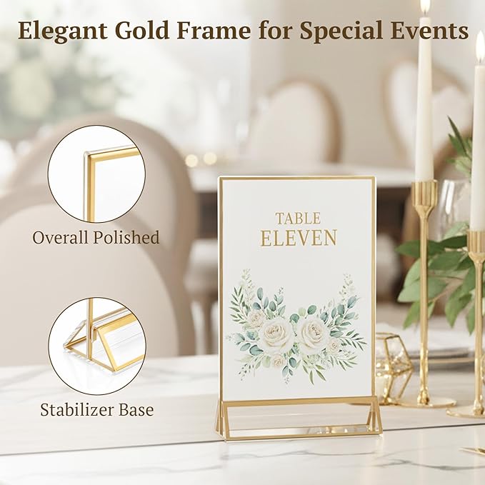 EHWINE 2 Pack Acrylic Sign Holder 4 x 6, Double Sided Gold Picture Frame Stand up Table Top Sign Holders, Clear Display Stand Menu Flyer Holder for Wedding Party
