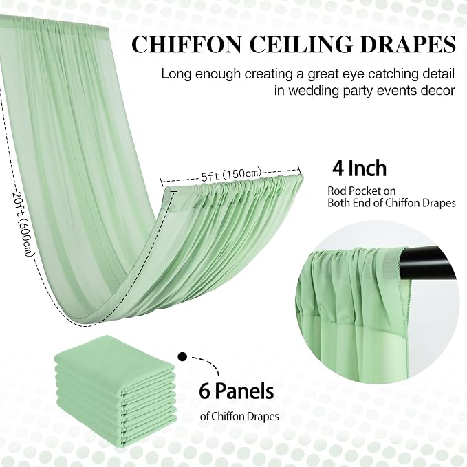 DUOBAO Chiffon Ceiling Drapes 20ft Sage Green Wedding Backdrops Sheer Backdrop Curtains for Reception Wedding Ceremony Sheer Arch Drapes Fabric Event Party Supplies 6 Panels 5×20feet