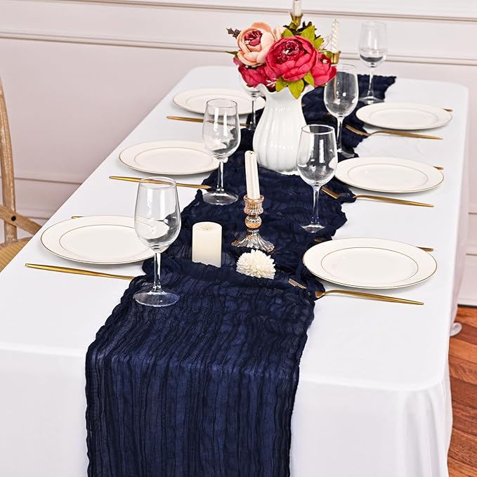 24 Pack Navy Blue Cheesecloth Table Runner,10FT Boho Gauze Table Runner,35x120inch Rustic Table Runners for Wedding Party Bridal Shower Thanksgiving Christmas Boho Table Decoration