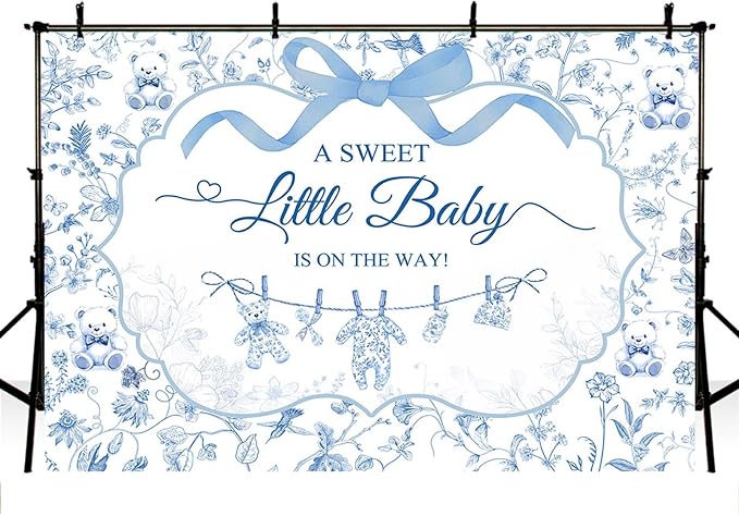 MEHOFOND 10x7ft Toile de Jouy Baby Shower Backdrop for Boy A Sweet Little Baby is on The Way Decorations Banner Blue Bow Baby Clothes Chinoiserie Floral Bear Baby Shower Photography Background