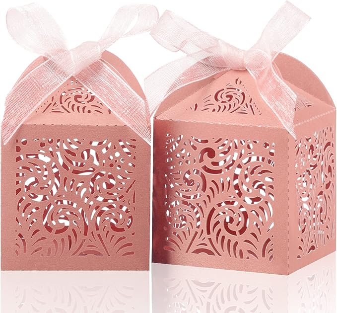 COTOPHER 60Pcs Laser Cut Favor Boxes, 2x2x2.75in Small Gift Boxes for Presents, Party Wedding Favors Boxes with Ribbon, Mini Candy Boxes for Event Bridal Shower Anniversary Birthday Christmas, Pink