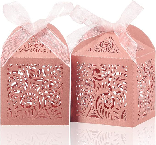 COTOPHER 100Pcs Laser Cut Favor Boxes, 2x2x2.75in Small Gift Boxes for Presents, Party Wedding Favors Boxes with Ribbon, Mini Candy Boxes for Event Bridal Shower Anniversary Birthday Christmas, Pink