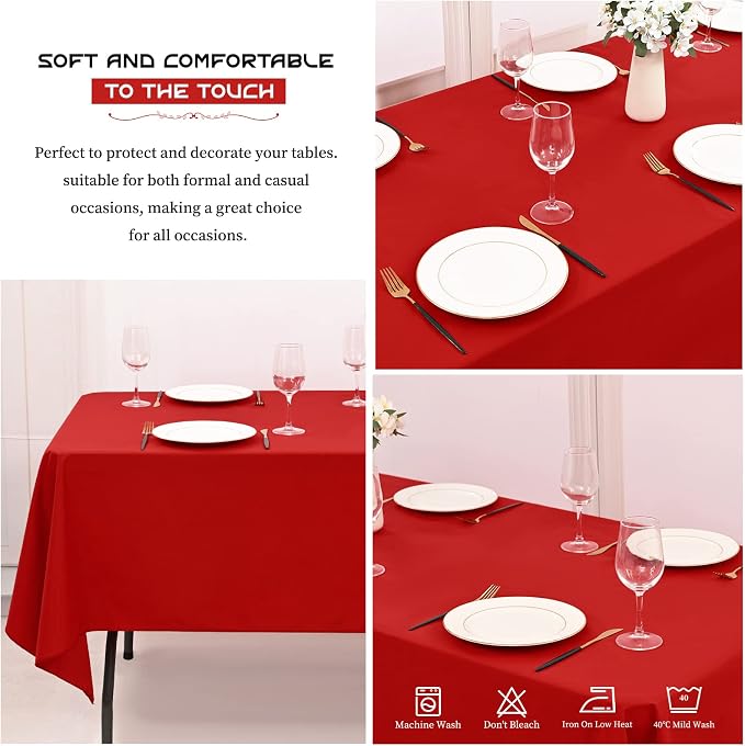 Showgeous 4 Pack Red Rectangle Tablecloth, 60 x 102 Inch, Wrinkle Resistant, Machine Washable Polyester Table Cover for Dining Table, Wedding, Parties