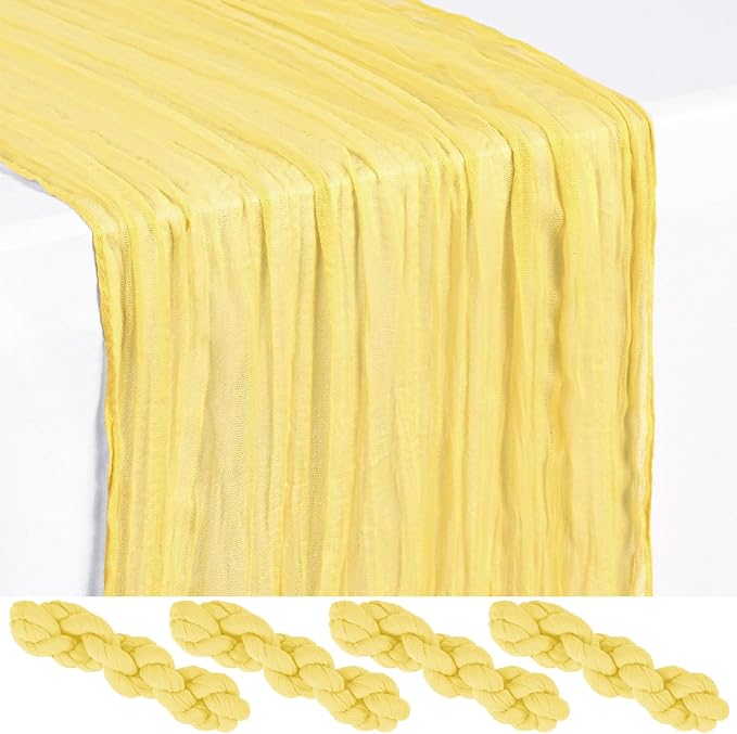 4 Pack Light Yellow Cheesecloth Table Runner 17 x 108 inch Boho Gauze Table Runner Rustic Sheer Cheese Cloth Table Decorations for Wedding Party Baby Bridal Shower Birthday Holiday Home
