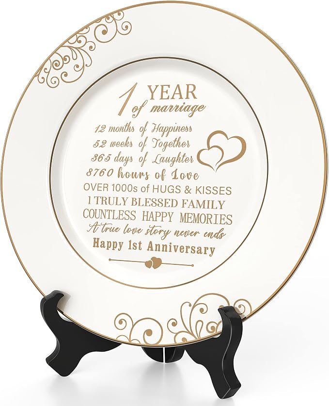 Urllinz 1st Anniversary Plate with 24k Gold Foil - 1 Year Paper Anniversary Wedding Gifts Decorations for Him Couples Wife Husband, Ceramic 9"