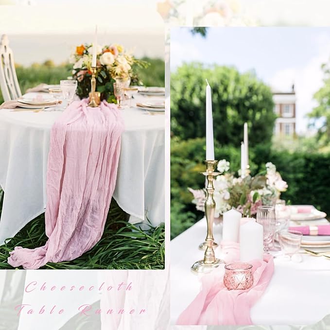 Light Pink 12 Pcs Cheesecloth Table Runner 10FT Runner for Tables Gauze Fabric 35 x 120 Inches Long Boho Table Runner Decoration Rustic Sheer Runner for Wedding Birthday Baby Shower Party (Light Pink)