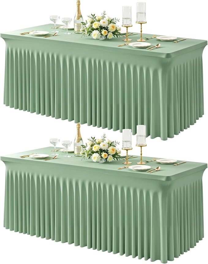 2 Packs Sage Green Spandex Tableclothes for 6 Foot Rectangle Tables, Wrinkle Free 6ft Fitted Table Cover Stretch Table Cloth Desk Skirt for Weddings Baby Shower Birthday Party Banquet Decorations
