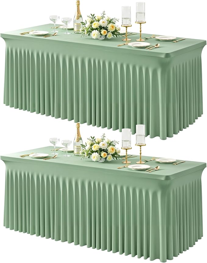 2 Packs Sage Green Spandex Tableclothes for 8 Foot Rectangle Tables, Wrinkle Free 8ft Fitted Table Cover Stretch Table Cloth Desk Skirt for Weddings Baby Shower Birthday Party Banquet Decorations