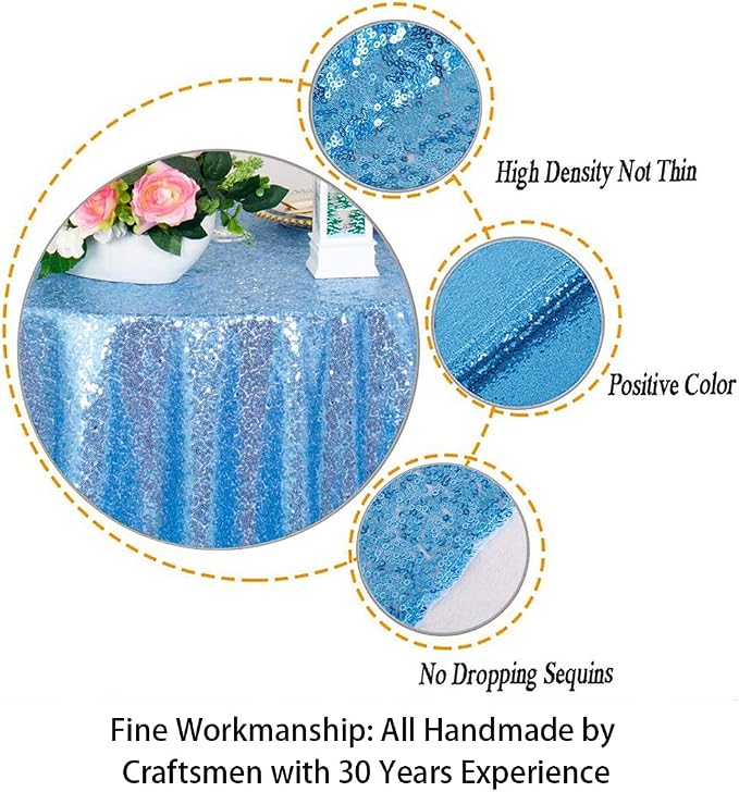 ShiDianYi Round Tablecloth Baby Blue 72 Inch Sequin Tablecloth Glitter Dessert Cake Tablecloth Sequin Table Cover Cloth for Baby Shower Linen Polyester Sequin Overlay for Banquet Birthday Home Parties