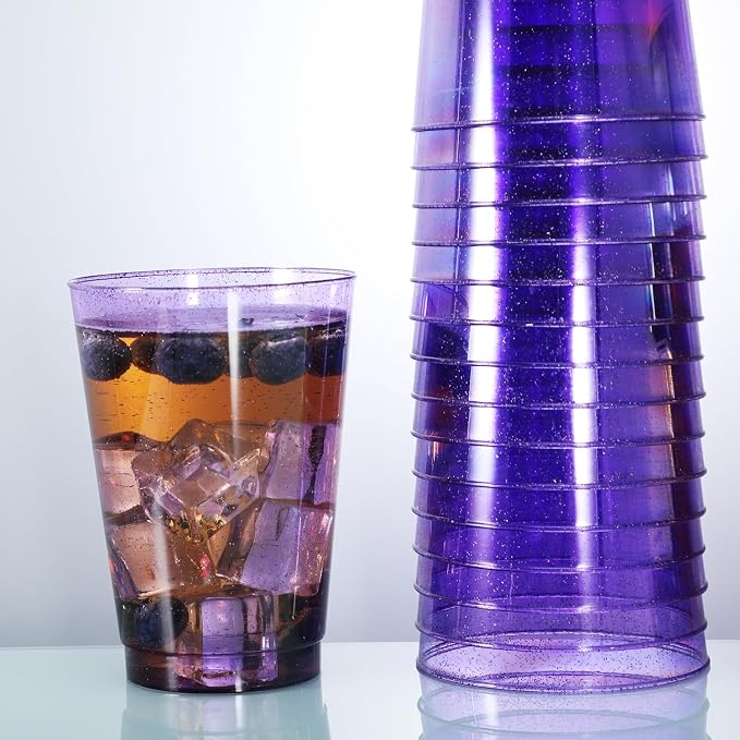 Homy Feel 12 Oz Purple Glitter Plastic Cups - 50PCS Disposable Cocktail & Wine Cups for Wedding Party