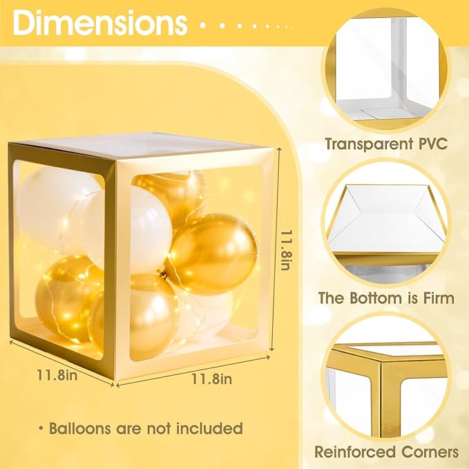 Ledido Transparent Balloon Boxes, Clear Balloon Boxes with 5 Pcs String Lights and 78 Letters for Baby Shower Gender Reveal 2026 New Year Grad Party Birthday Anniversary Bridal Decor - 5 Gold Boxes