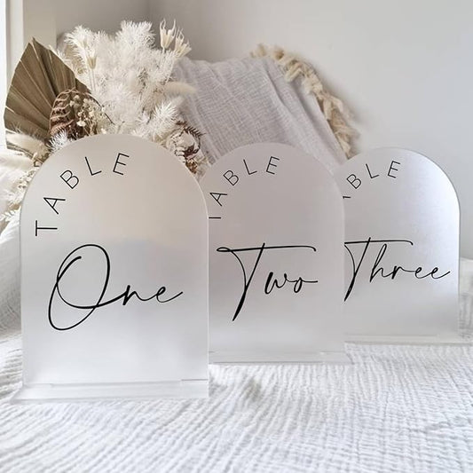 JINMURY Frosted Arch Wedding Table Numbers 1-20 with Stands, 5x7 Inch Frosted Arch Acrylic Sign with Black Letters, Arched Acrylic Table Numbers for Wedding Reception