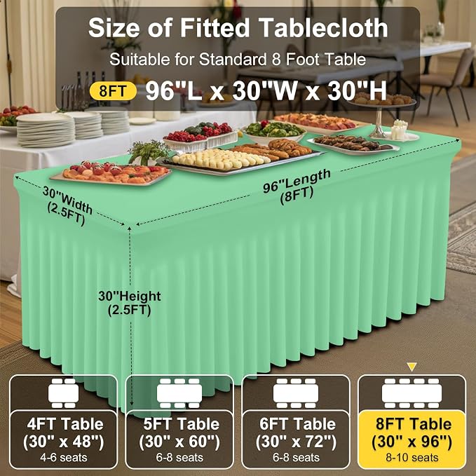 Smiry Spandex Tablecloth 2 Pack, Elastic Fitted Stretch Tablecloth for 8FT Rectangle Tables, Waterproof Washable Table Cover Skirt for Wedding, Banquet & Parties (Bright Green, 96Lx30Wx30H Inch)
