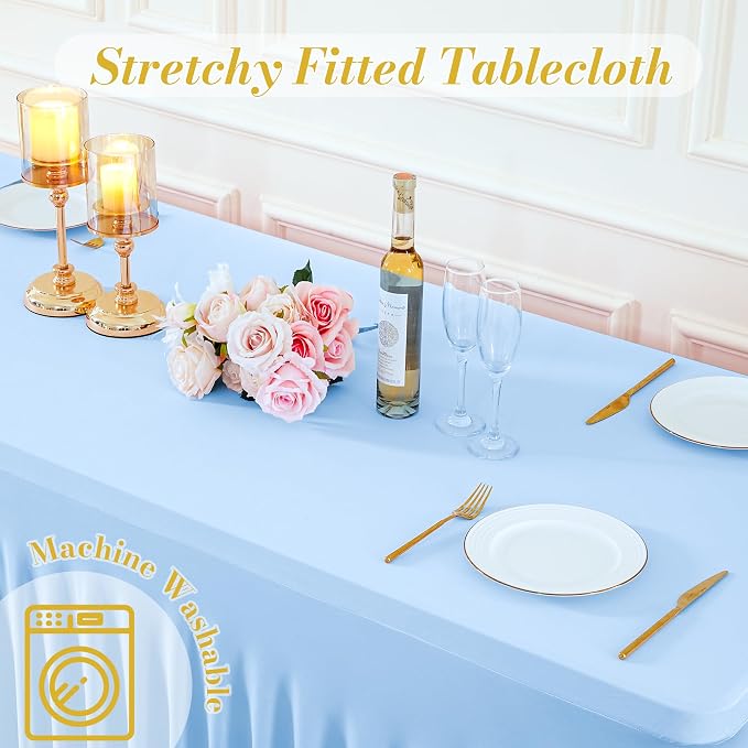gogoparti 2 Pack Spandex Baby Blue Fitted Table Cloth for 6ft Rectangle Tables Light Blue Stretch Tablecloth Banquet Table Covers Wrinkle Free Tablecloths for Parties Wedding