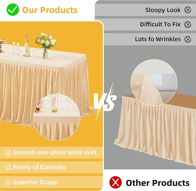 2 Pack Dark Champagne Tablecloths for Rectangle Tables 6ft, Wrinkle Resistant Champagne Table Cover Fitted Stretch Table Cloth with Pleated Ruffle Skirts for Party Banquet Dining Birthday Wedding