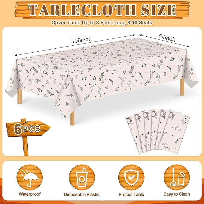 NatNarr 6 Pack Western Cowboy Party Decorations Tablecloth, 54 X 108Inch Rodeo Table Covers Disposable Cowboy Table Cloth Waterproof Tables Cover for Western Rodeo Birthday Party Decor