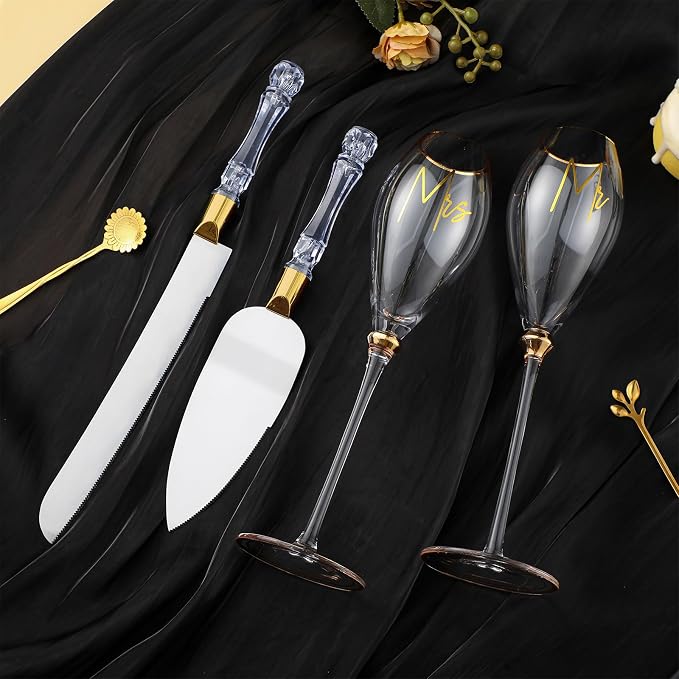 Boao 4 Pcs Wedding Cake Knife and Champagne Flutes Server Set, Wedding Reception Supplies Toasting Flutes Cylinder Champagne Glasses Cake Cutting Set for Engagement Gifts(Gold)