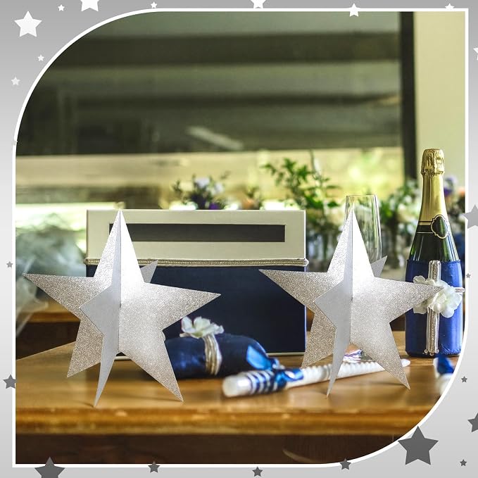 Sinload 18 Pcs Large 3D Glitter Star Decorations Back to School Work Silver Star Centerpiece Standing Hanging Decor for School Centerpiece Starry Movie Night Themed Party Decor