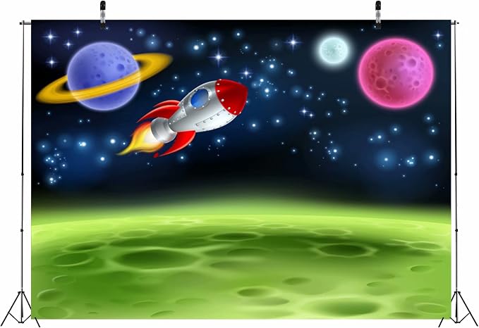 BELECO 8x6ft Fabric Cartoon Outer Space Backdrop Planet or Alien Moon with Rocket Ship Photography Backdrop for Birthday Party Decoration Kids Photoshoot Photo Background Photo Booth Props