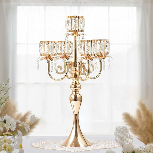 1PC Gold 5-Arm Crystal Pendant Metal Candle Holder with Square Crystal Bowl, 22-Inch Tall Wedding Table Centerpiece for Holiday Party Events, Christmas, Birthday Decorations