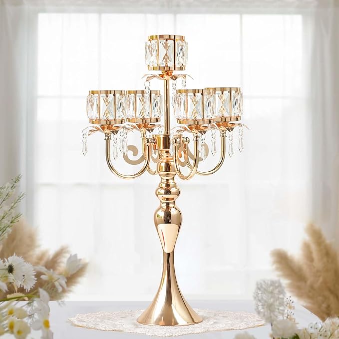 5 Arm Elegant Crystal Candle Holder,Candlestick for Wedding Table Centerpiece, 22 Inch Tall Candle Holder Table Candelabra Event Party Table Centerpiece,Home Decoration. (4, Gold, Square Crystal)