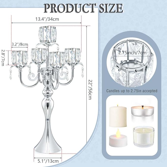 1PC Silver 5-Arm Crystal Pendant Metal Candle Holder with Square Crystal Bowl, 22-Inch Tall Wedding Table Centerpiece for Holiday Party Events, Christmas, Birthday Decorations
