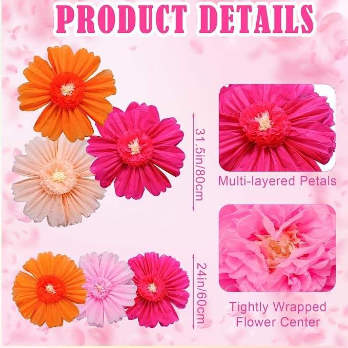 Giegxin 6 Pcs 31.5", 24" Orange Giant Paper Flower Rose Red Large Tissue Paper Flower for Wall Big Colorful Floral Decorations for Wall Wedding Bridal Shower Baby Shower Mexican Fiesta Crepe Birthday