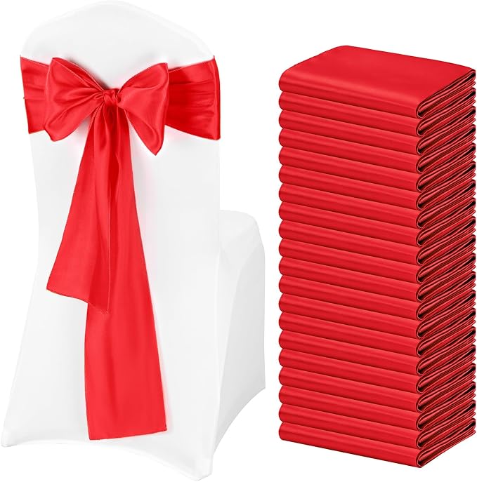 Pesonlook 60 PCS Red Satin Chair Sashes Bows Satin Chair Sashes Universal Chair Cover for Wedding Reception Restaurant Event Decoration Banquet,Party,Hotel Event Decorations (7 x 108 inch)