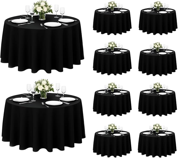 10 Pack 120 Inch Black Round Tablecloth, Polyester Fabric Washable Table Cloth for Home, Party, Wedding or Restaurant Use