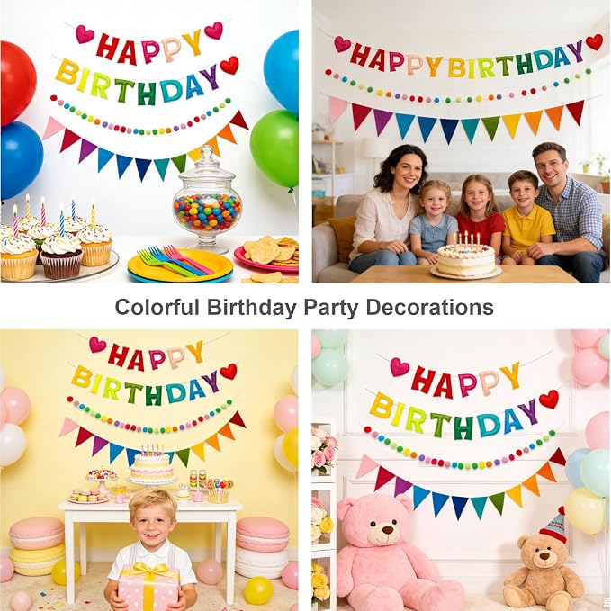 Colorful Pre-Strung 3D Happy Birthday Banner, 3 PCS Reusable Rainbow Party Decorations with Felt Ball Garland and Triangle Flags, Personalized Birthday Sign for Girl Boy Women Men