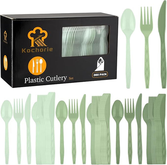 Kochorie 360 Pieces Gradient Sage Green Plastic Cutlery Set Disposable Plastic Utensils Heavy Duty Flatware Set Includes 120 Knives 120 Forks 120 Spoons for Birthday Wedding Baby Shower Party, Picnic
