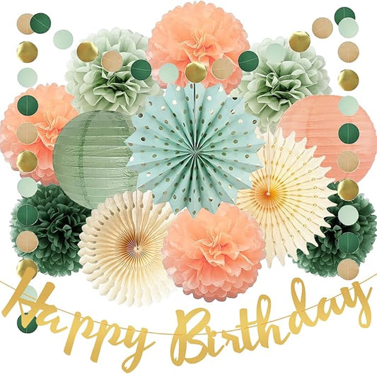 Sage Green and Peach Birthday Decorations - Olive Peach Tissue Paper Pom Poms, Hanging Paper Fans & Lantern, Gold Happy Birthday Banner for Olive Sage Green Peach Bday Baby Shower Decorations