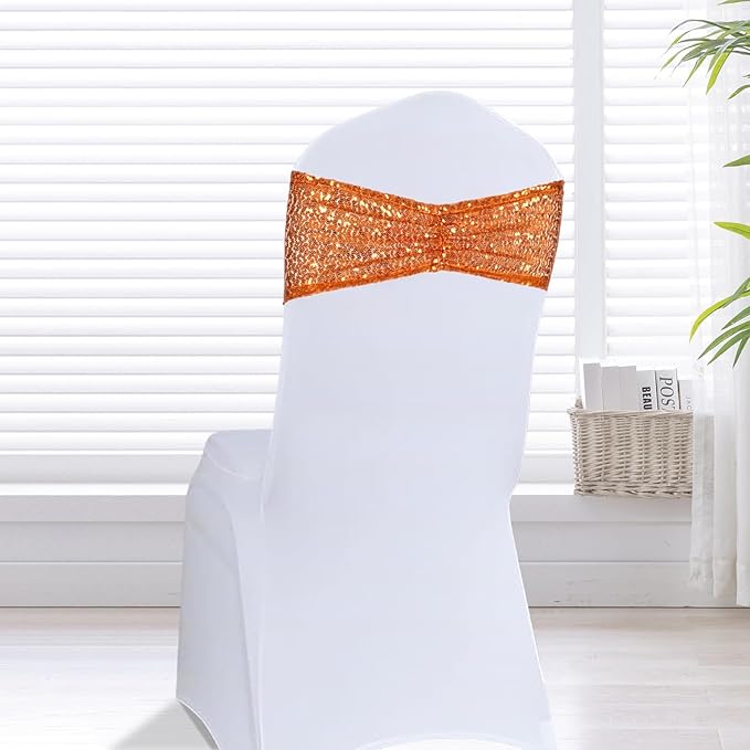 Eternal Beauty Set of 50 Orange Chair Sashes Band Bows Sequin Chair Sashes for Wedding Cover Decorations