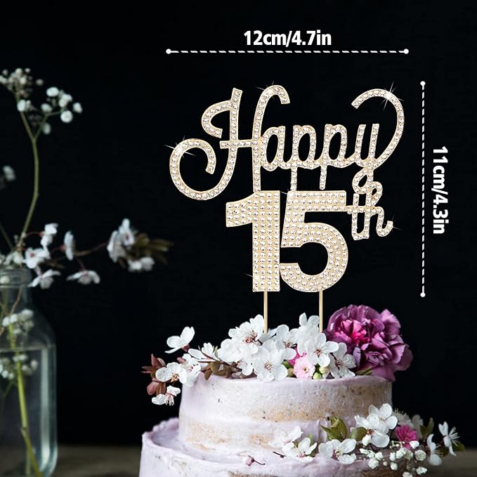 LINGTEER Happy 15th Birthday Gold Rhinestone Cake Topper - Cheers to 15th Birthday Fifteen Years Old Party Cake Centerpieces Topper Decorations Gift Sign.