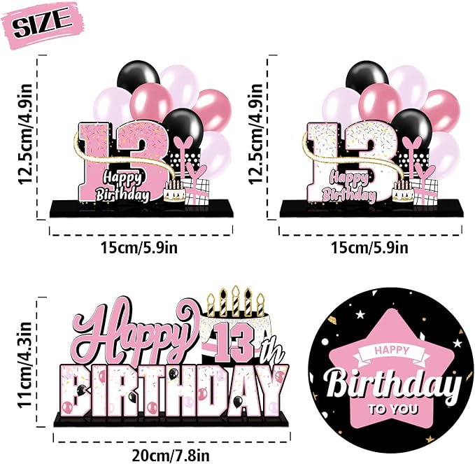 LINGTEER Happy 13th Birthday Pink Acrylic Table Topper Centerpieces Set - Cheers to 13 Years Old Birthday Thirteen Bday Party Gift Decorations.