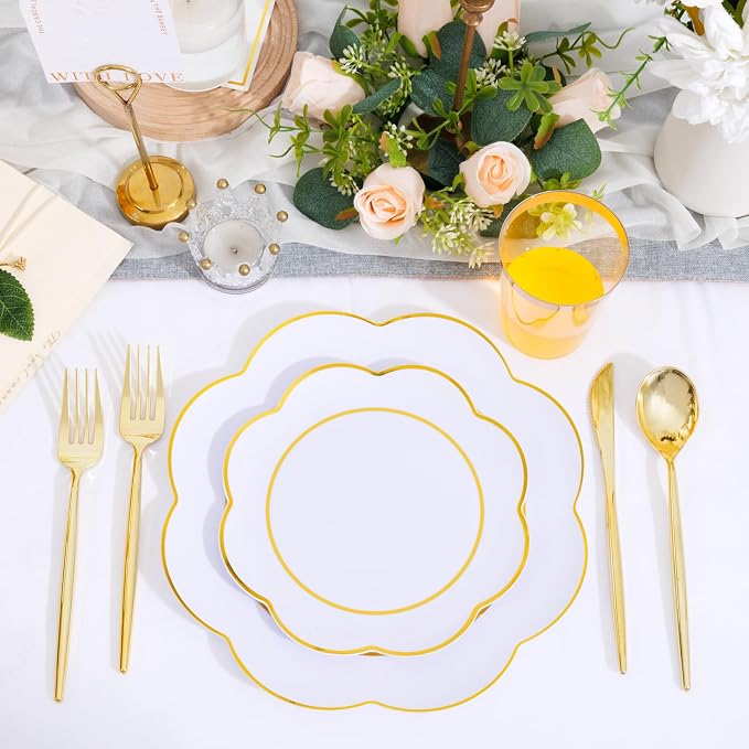 ejonirinjonir EI 180pcs White Plastic Plates with Gold Plastic Silverware,Heavy-Duty Disposable Plates for Party,White Dinnerware Set for 30 Guest Wedding,Afternoon Tea,Spring,Mother's/Valentine's Day