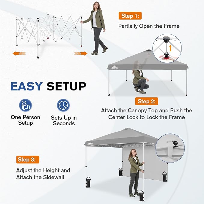 EAGLE PEAK Commercial Canopy 10x10 Pop Up Canopy Tent with 1 Sidewall, Easy Setup Heavy Duty Instant Event Shelter for Vendors & Markets, Outdoor Sun Shade, Light Gray