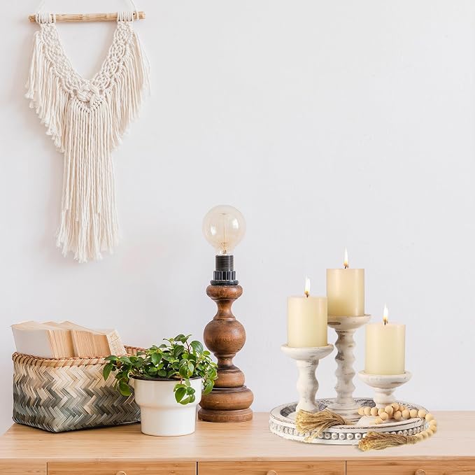 Reallnaive 8 Pcs Farmhouse Wood Candle Holders with Pillar Candles Set Wooden Rustic Candle Holders Round Decorative Serving Tray Bead Garland with Natural Wood Tassels for Table Centerpiece(White)