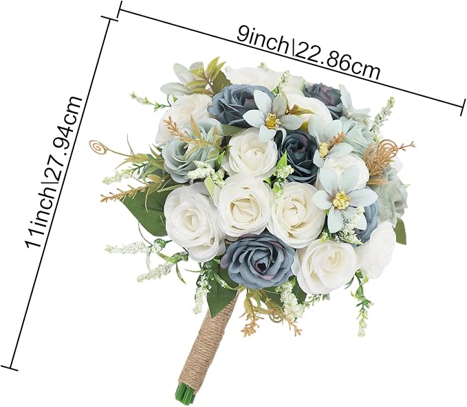 Bridesmaid Bouquets for Wedding - 7 Inch Artificial Rose Flower Bouquet for Bridesmaids Pre-Made Floral Bouquets Party Ceremony Anniversary Decor - Dusty Blue