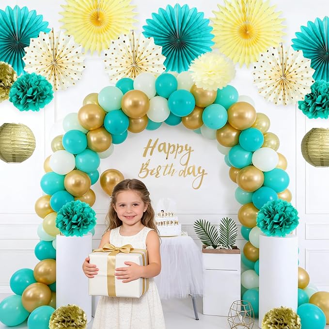 SUNBEAUTY Teal and Gold Party Decorations Teal Birthday Decorations for Women Teal Blue Hanging Paper Fans Tissue Pom Poms Happy Birthday Banner for Baby Showers Wedding Engagement Party